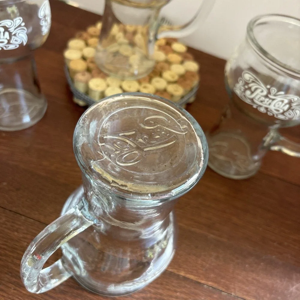 Vintage Set Of 4 Pepsi Cola 16oz Glasses‎ with Handle 1970's White Logo 3 Sided